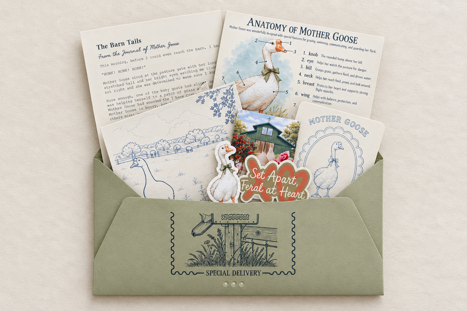 The Mother Goose Farm Post pieces emerging from a sage Special Delivery envelope