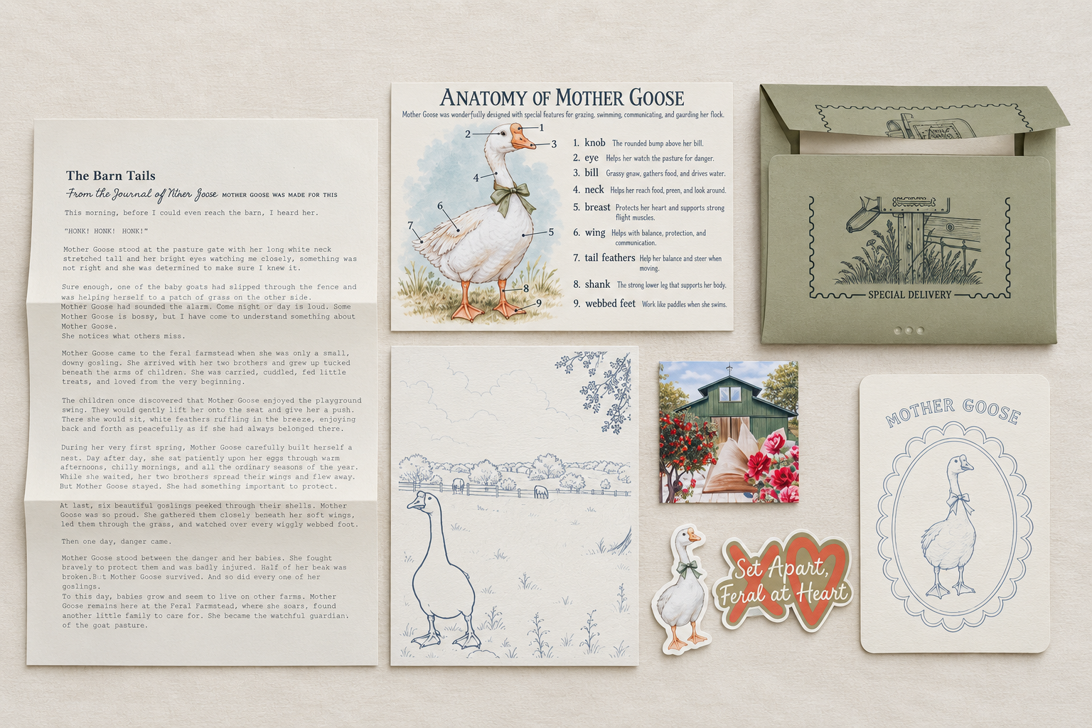 The complete Mother Goose Farm Post package arranged in a flat lay